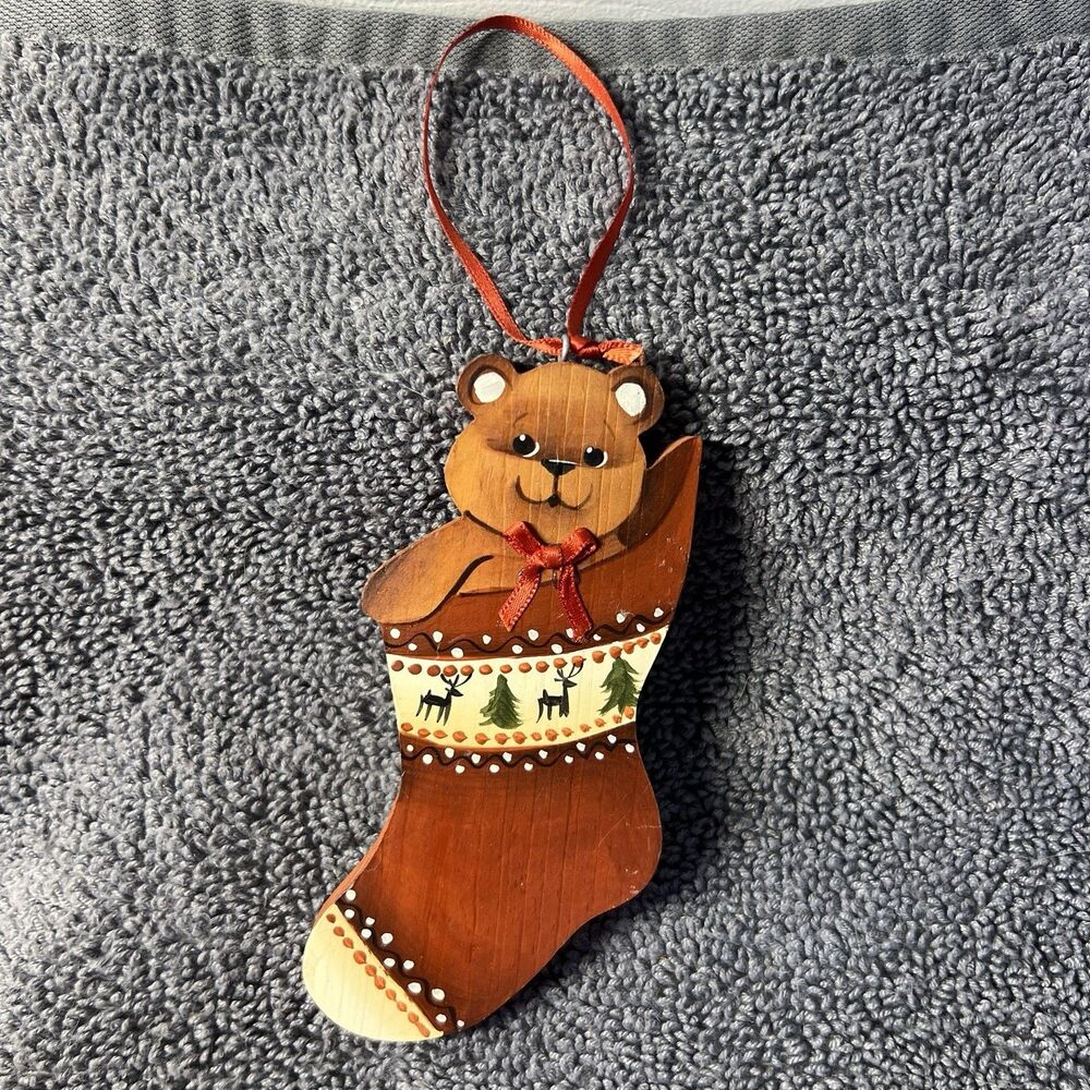 Hand Painted Wooden Teddy Bear Christmas Stocking Ornament Rustic Holiday